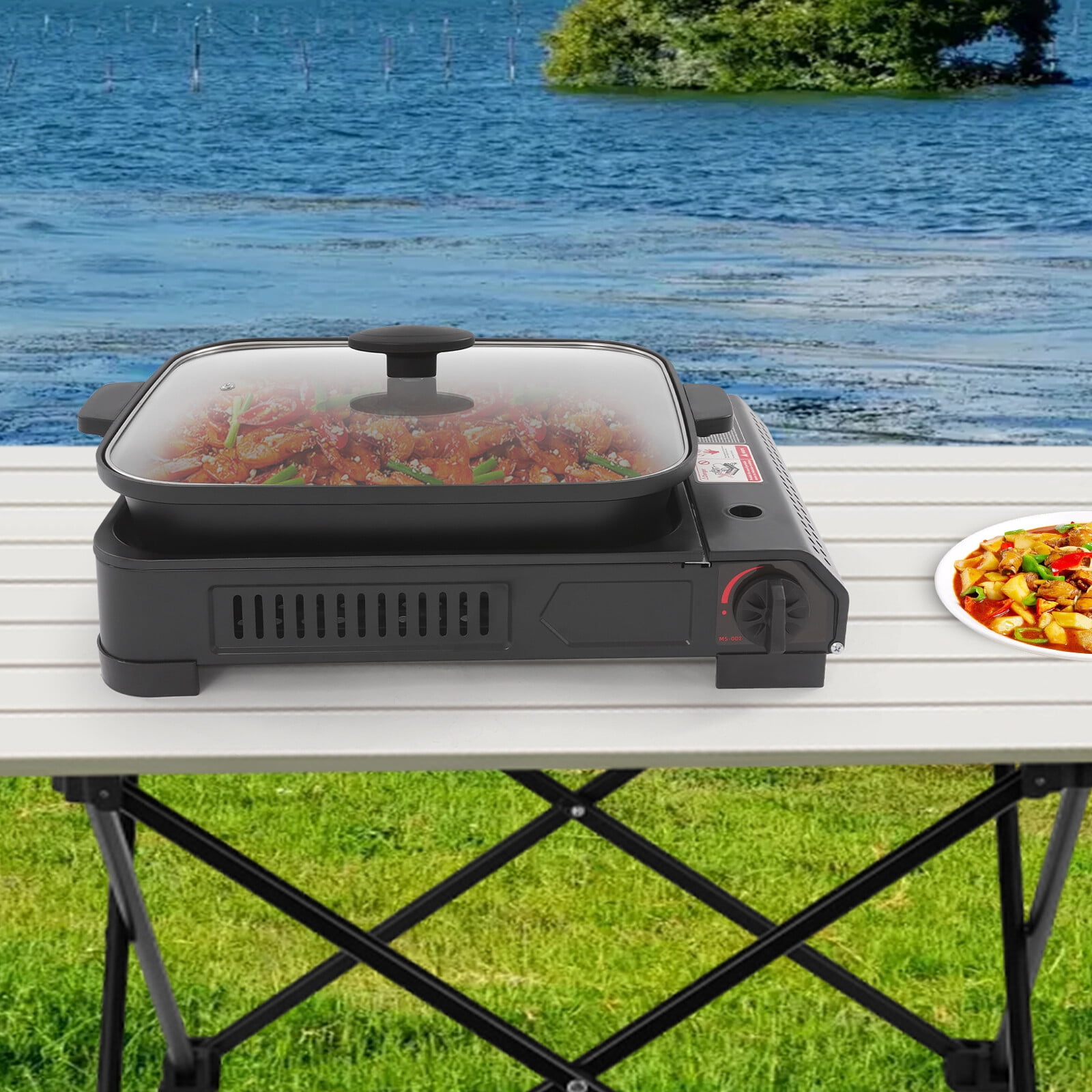 2in1 Stove with Grill Pan and Lid Portable Gas Stove Butane Gas Camping Stove for Camping Trips, Gathering