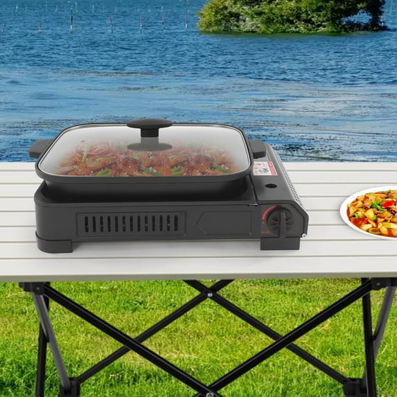 2in1 Stove with Grill Pan and Lid Portable Gas Stove Butane Gas Camping Stove for Camping Trips, Gathering