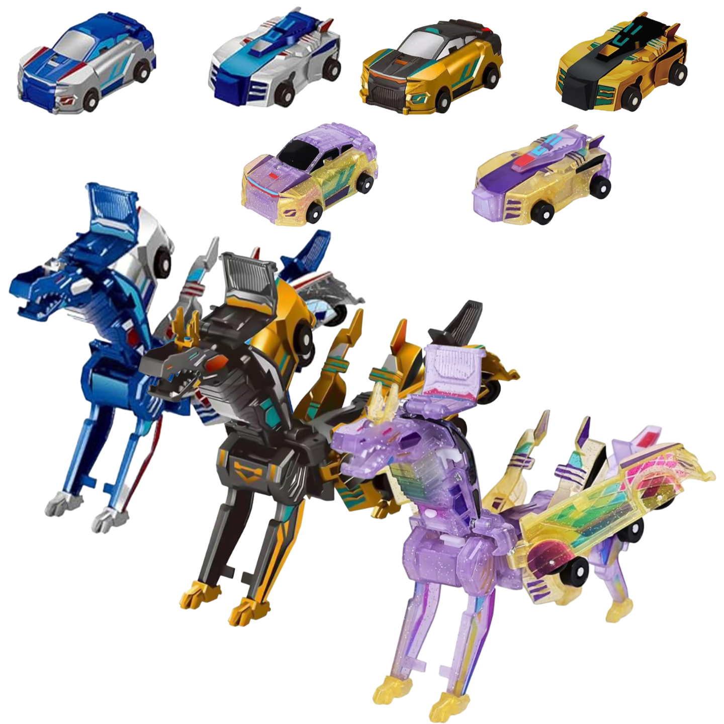 2in1 Transforming Dinosaur Toys，Transformation 6 Pack Car Toy with Collision Transforming Car for Girls Age 4-6 |Party Gift for Birthday, Christmas (Blue & Pink & Gold Dragon)