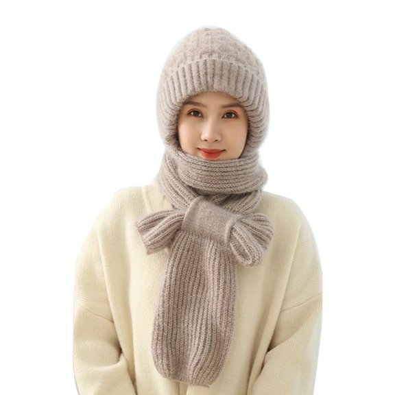 2in1 Winter Warm Scarf Hat Women Knit Hooded Hat with Plush Liner Outdoor Activity Pullover Shawl Hat