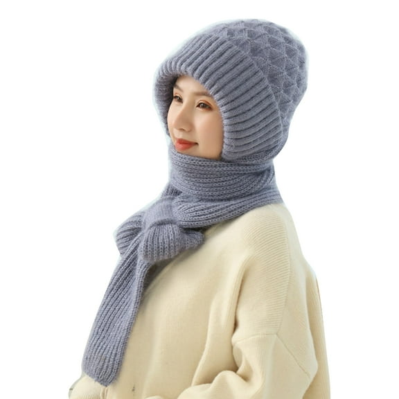 2in1 Winter Warm Scarf Hat Women Knit Hooded Hat with Plush Liner Outdoor Activity Pullover Shawl Hat