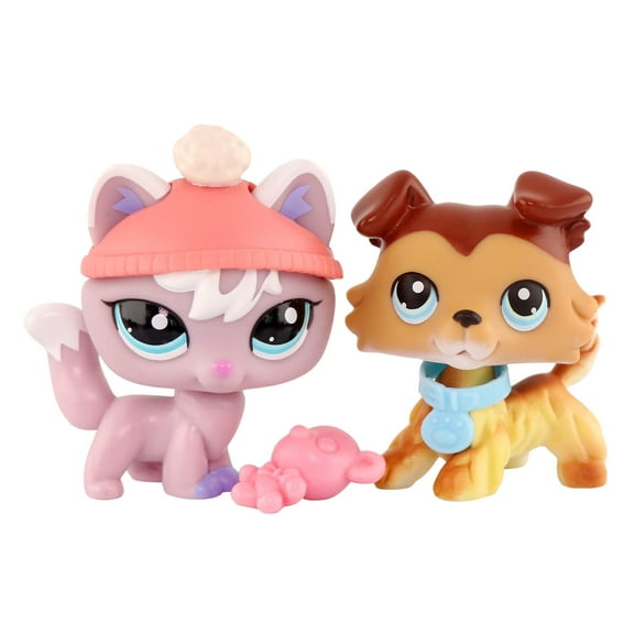 2lot Minilpsshop Collie #58 Fox #2400 with Cute Necklace Hat Bear Accessories for lps Collection Kids Gift Girl Play Cartoon Animal Figure