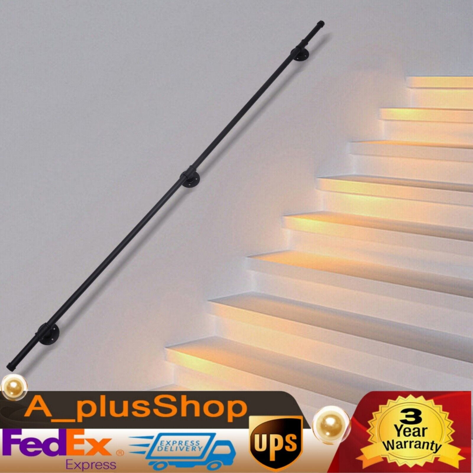 2m Handrail For Steps Stair WallMounted Railing Hand Rail Black Kit