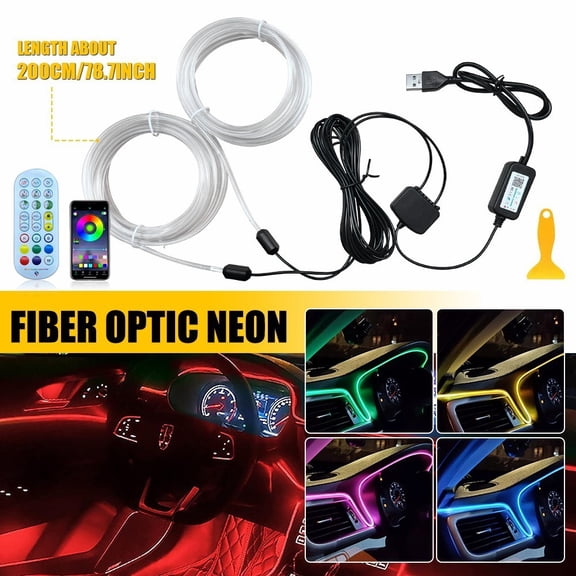 2m Long Car LED Fiber Optic Lighting System - LED RGBW Neon Light Bar with App/ Control, USB- Flexible Ambient Interior for Dashboard, Center Console, Door Trim for Cars, SUVs, Trucks, Car Light
