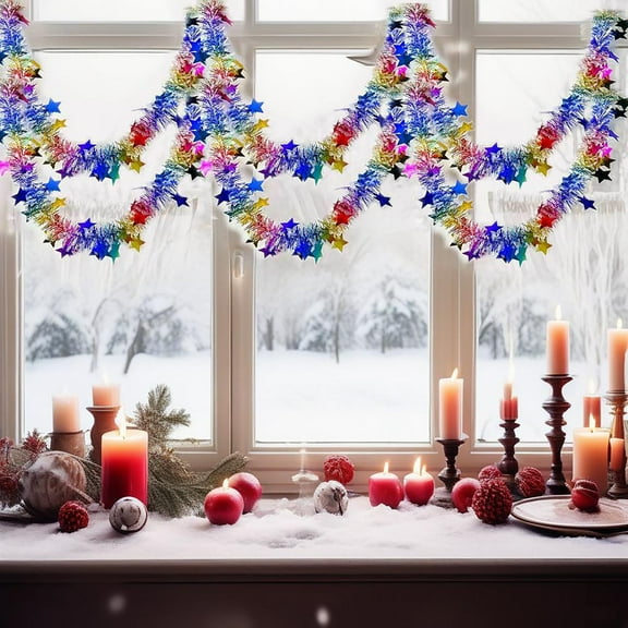2m Multicolor Star Tinsel Garland – Shiny Rainbow Christmas Tinsel with Star Accents for Window, Tree, Party & Holiday Home Decorations