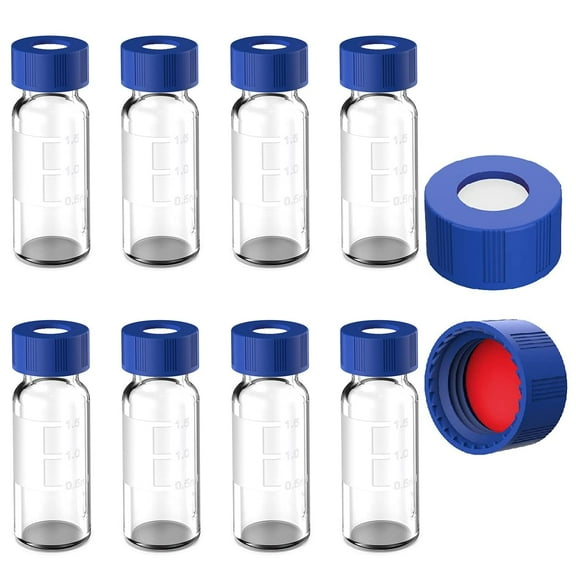 2mL Autosampler Vials with Caps, HPLC Vials, 9-425 Clear Glass Vial with Blue Screw Caps/Writing Patch/Graduation, White PTFE & Red Silicone-1000 Pcs