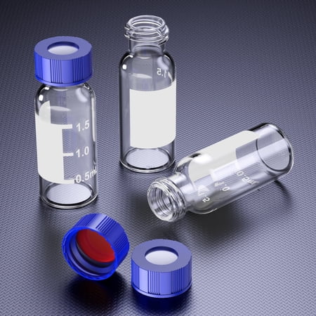 2mL Autosampler Vials with Writing Area and Graduations, 9-425 HPLC, Screw Cap, White PTFE & Red Silicone Septa, 100 Pcs