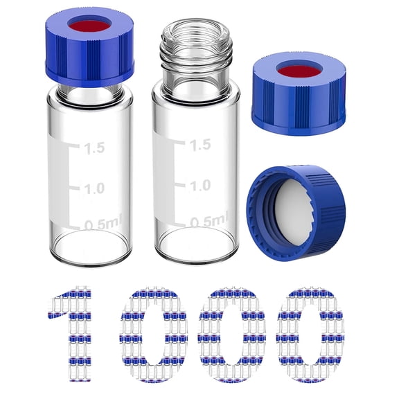 2mL Autosampler Vials, 1000 Pack – 9-425 Clear HPLC Vial with Blue Screw Caps, Graduation & Writing Patch, PTFE/Silicone Septa for LC Sampling
