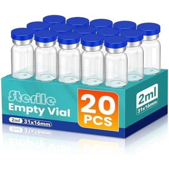2ml Sterile Vials with Self Injection Port and Sealing Cap, Glass Sterile Vials for Injections (20 Pack)