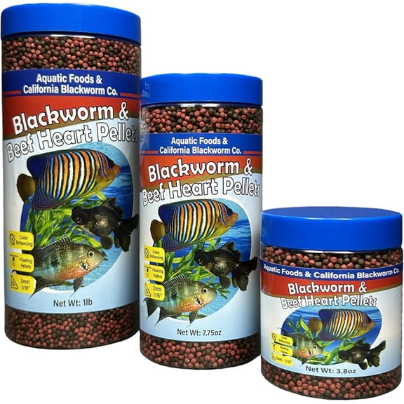 2mm -1/16" Blackworm/Beef Heart Floating Pellets for Marines, Cichlids, All Tropical Fish, Koi & Pond Fish, Wafer & Pellet Mix Included 16oz Canister