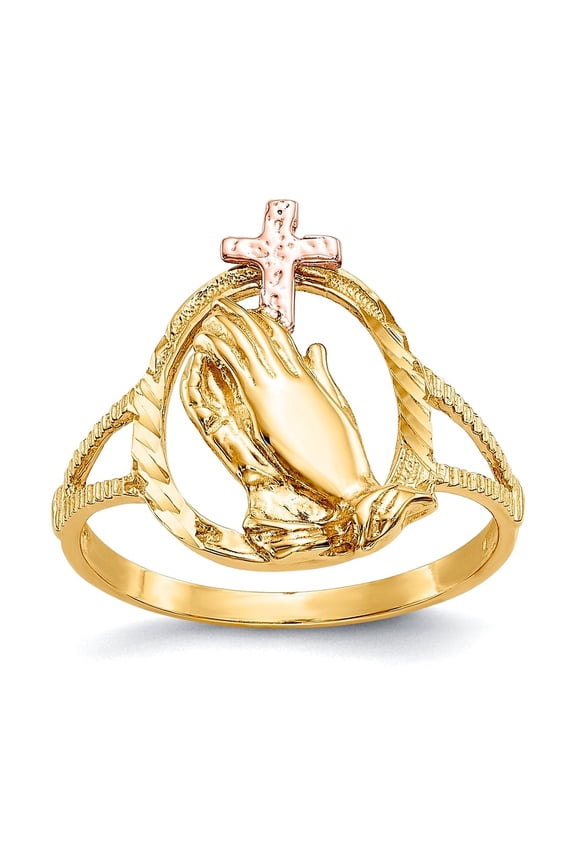 2mm 10k Solid Gold Two-tone Sparkle-Cut Praying Hands Religious Faith Cross Ring Size 6.00 Ring for Women