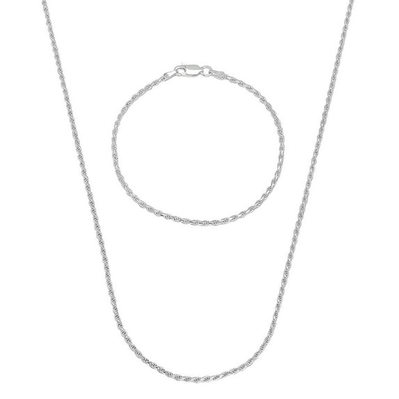 2mm .925 Sterling Silver Diamond-Cut Twisted Rope Chain + Bracelet Set, 30" (Necklace) + 9" (Bracelet) + Gift Box