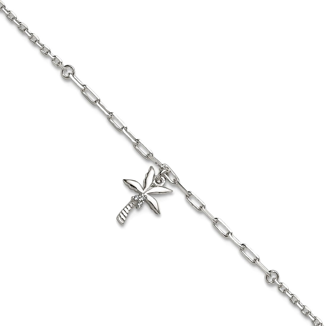 2mm 925 Sterling Silver Polished Cubic Zirconia Palm Tree Plus 1in Extension Anklet 9 Inch Anklet for Women