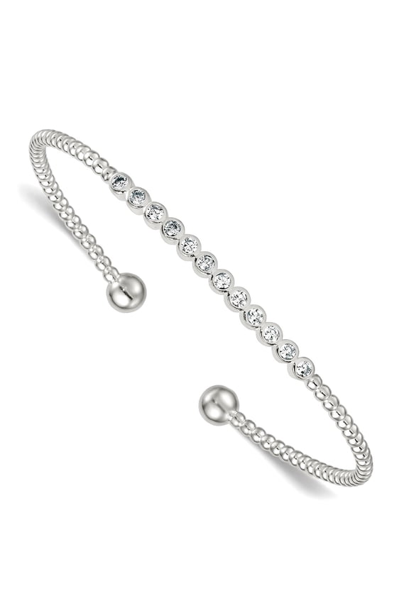 2mm 925 Sterling Silver Polished and Beaded Bezel Set Cubic Zirconia Bar Cuff Stackable Bangle Bracelet Cuff Bracelet fo