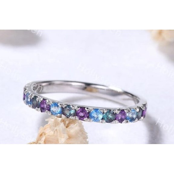 2mm Alexandrite Amethyst Wedding Ring Band Sterling Silver White Gold Blue Topaz Half Eternity Ring Gemstone Stacking Ring Promise Ring