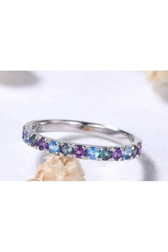 2mm Alexandrite Amethyst Wedding Ring Band Sterling Silver White Gold Blue Topaz Half Eternity Ring Gemstone Stacking Ring Promise Ring