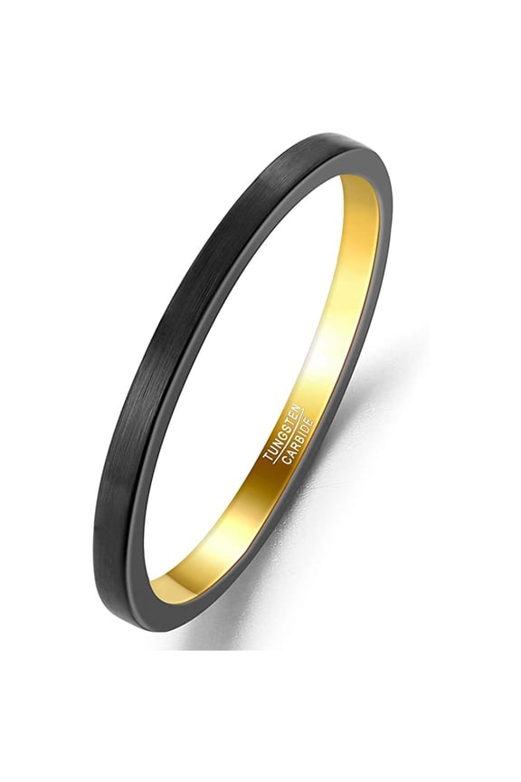 2mm Black Gold Tungsten Ring for Women Two-Tone Wedding Band Stacking Rings Brushed Finish