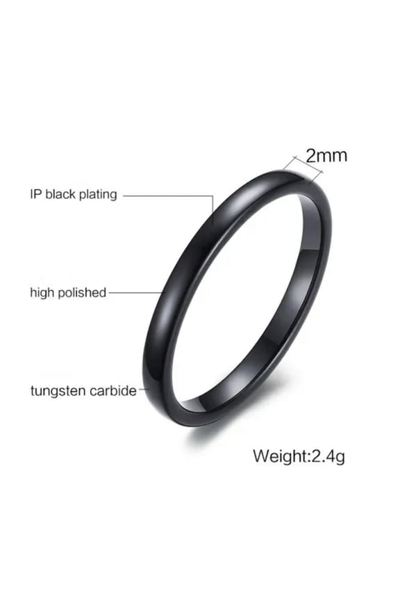 2mm Black Tungsten Wedding Band Men Women's High Polish Thin Ring Sz 6-11