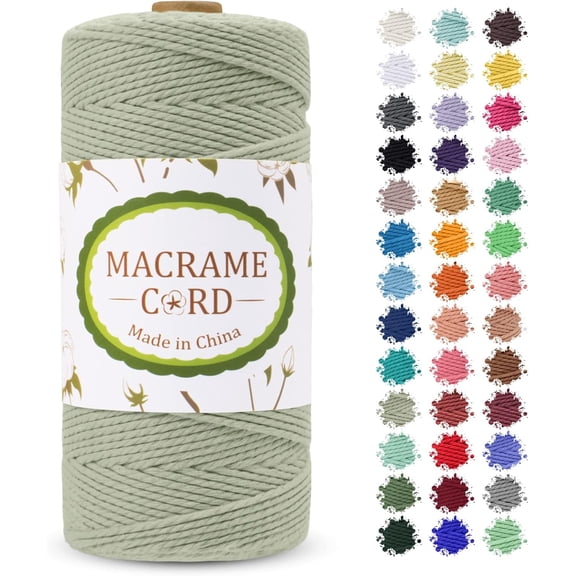 2mm Macrame Cord, x 219yards Colored Rope Yarn, Natural Cotton Cord 3 Strands DIY Craft String for Wall Hanging, Plant Hangers, Knitting, Christmas, Wrapping (Bean Green) Bean Green