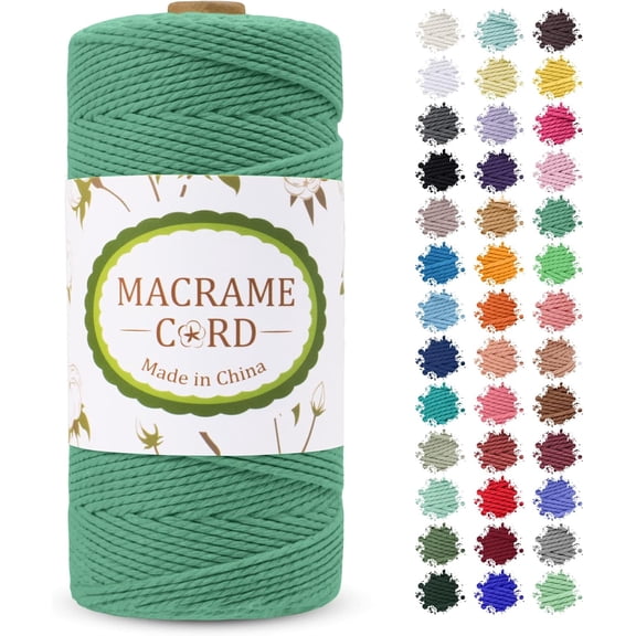 2mm Macrame Cord, x 219yards Colored Rope Yarn, Natural Cotton Cord 3 Strands DIY Craft String for Wall Hanging, Plant Hangers, Knitting, Christmas, Wrapping (Green) Green