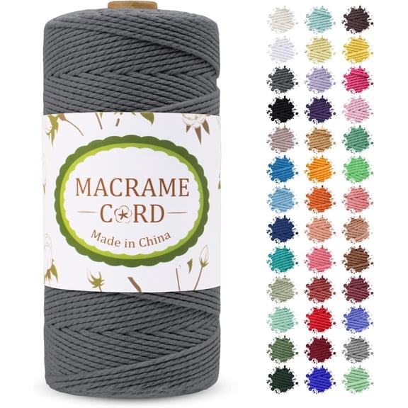 2mm Macrame Cord, x 219yards Colored Rope Yarn, Natural Cotton Cord 3 Strands DIY Craft String for Wall Hanging, Plant Hangers, Knitting, Christmas, Wrapping (Grey) Gray