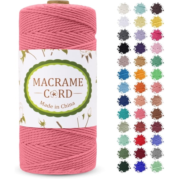 2mm Macrame Cord, x 219yards Colored Rope Yarn, Natural Cotton Cord 3 Strands DIY Craft String for Wall Hanging, Plant Hangers, Knitting, Christmas, Wrapping (Watermelon Pink) Watermelon Pink