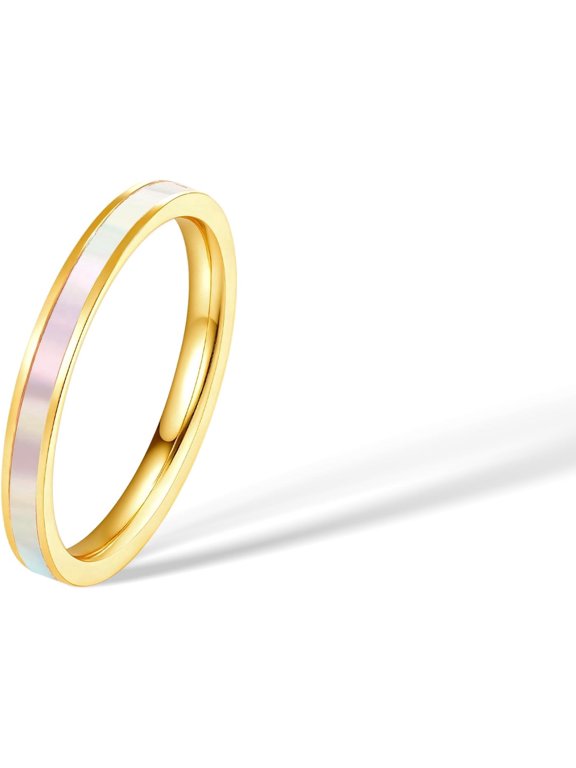 2mm Mother of Simulated Pearl Inlay Titanium Wedding Band Ring Women Gold Silver Shell Stackable Engagement Anniversary Bands Waterproof