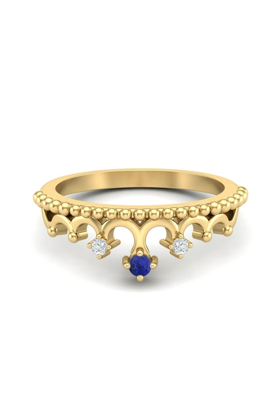 2mm Round Lapis 925 Sterling Silver Yellow Plated Women Crown Tiara Valentines Day Gifts Ring