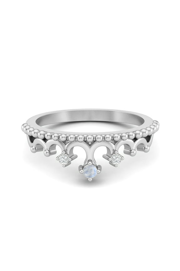 2mm Round Natural Moonstone 925 Sterling Silver Women Crown Tiara Ring Mother's Day Gift Jewelry
