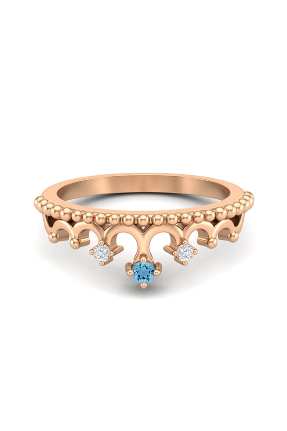 2mm Round Swiss Blue Topaz 925 Silver Rose Plated Women Crown Tiara Valentines Day Gifts Ring