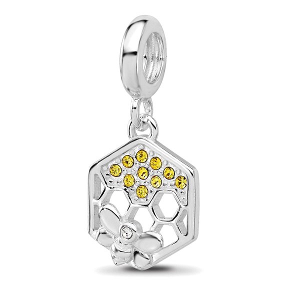 2mm Ss Reflections Rhodium Plated Cubic Zirconia Bee With Honeycomb Dangle Bead Charm Pendant Necklace for Women