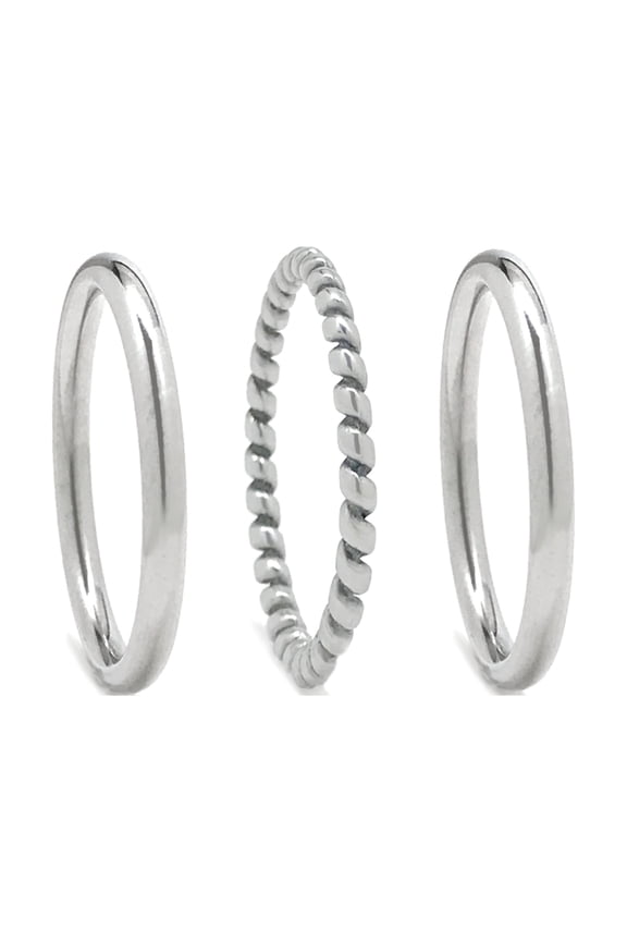 2mm Stacking Ring Set of 3 Stainless Steel Silver Plain Round and Textured - Size 9