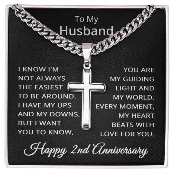 2nd Anniversary Necklace for Husband 2 Years Anniversary Jewelry for Him Men Cuban Link Chain with Cross Pendant