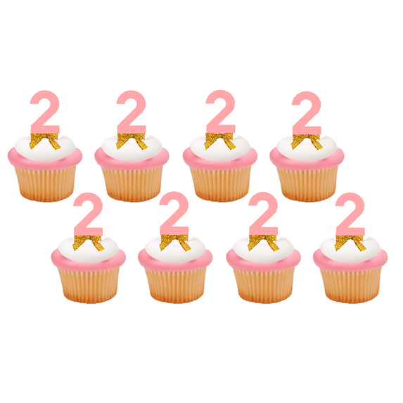 2nd Birthday / Anniversary Pink Number Cupcake Topper Picks with Bow -12pk