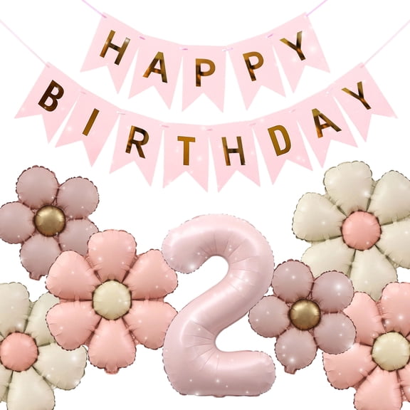 Pink Daisy Floral 2nd Anniversary Balloon Decor Set Number 2 Foil Balloon Happy Birthday Banner For Anniversary Party Backdrop