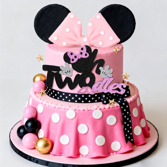 2nd Birthday Cake Decorations Set - Pink Black Glitter Bow & Ears Theme Party Supplies