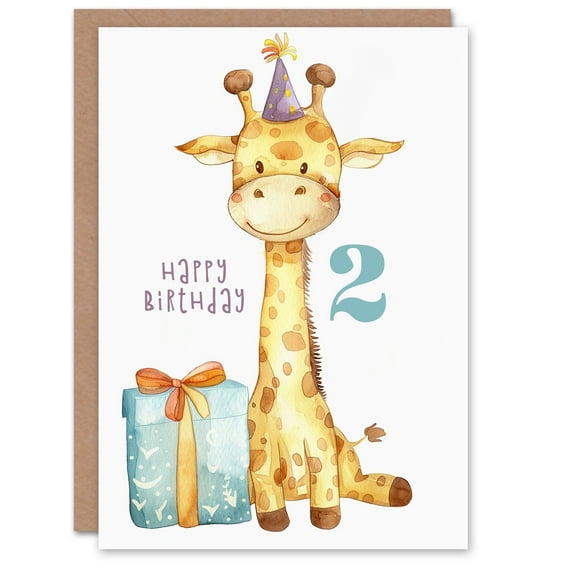 2nd Birthday Card Cute Baby Giraffe in Party Hat Cartoon Kids Age 2 Year Old Child For Son Daughter Girl Boy Happy Card