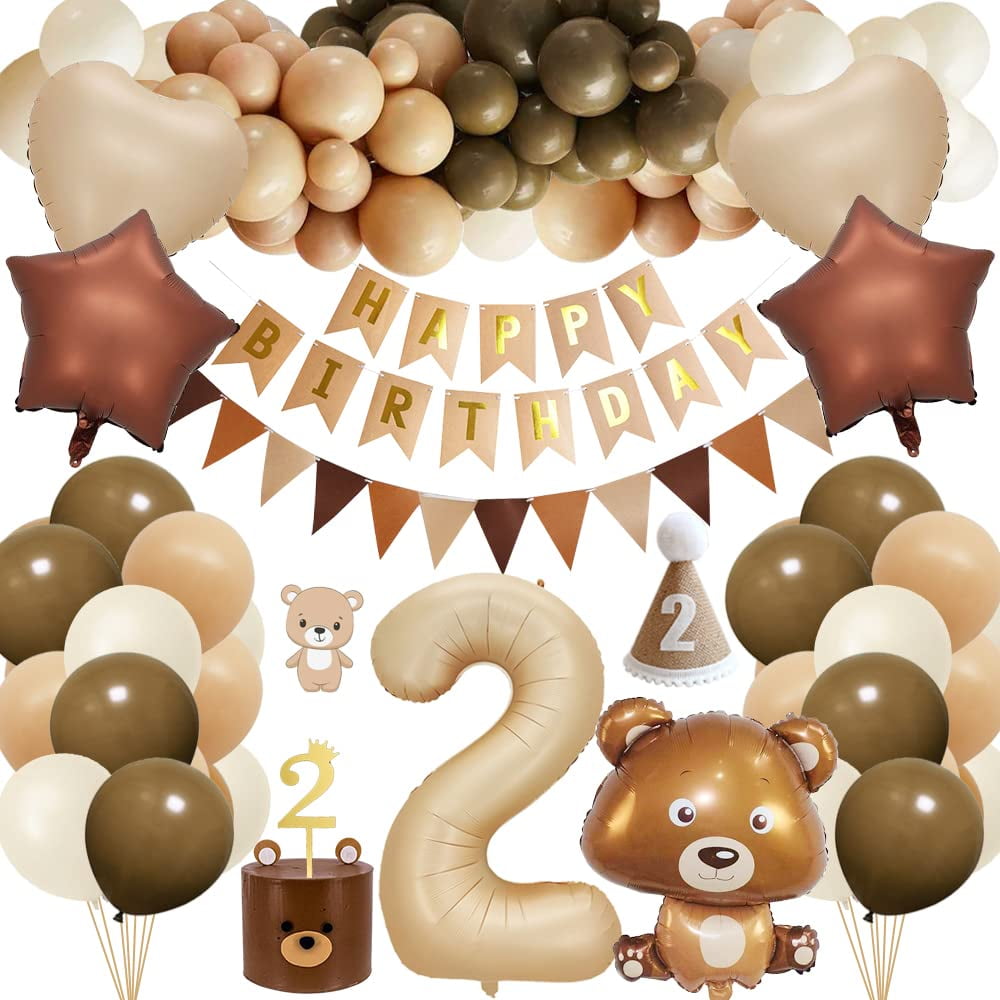 2nd Birthday Decorations Boy, Boho 2 Birthday Balloon Sets, Bear Theme Party Decoration with Giant Bear Foil Balloon, Burnt 2 Number Balloon, Beige Coffee Balloon