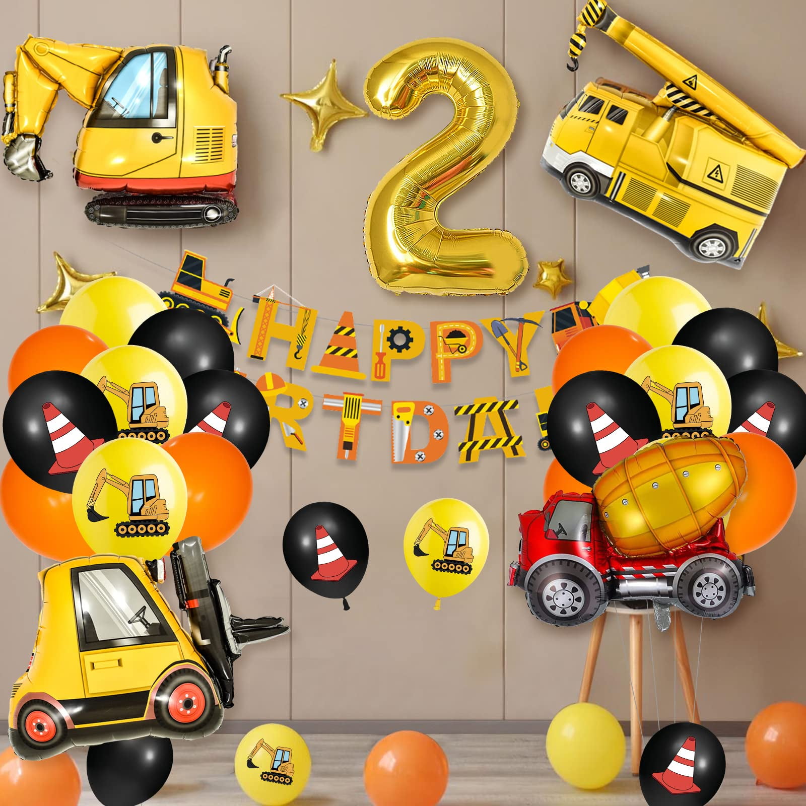 2nd Birthday Decorations Construction, Construction Balloons with Gold Number 2 Balloons, Large Digger Dump Truck Crane Foil Balloons Set for Boy 2 Year Old Party Supplies