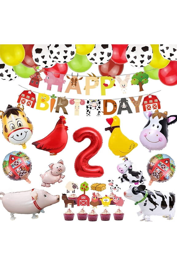2nd Farm Birthday Party Supplies for Boys Girls Barnyard Animal Birthday Party Decorations Farm Happy Birthday Banner Cupcake Toppers