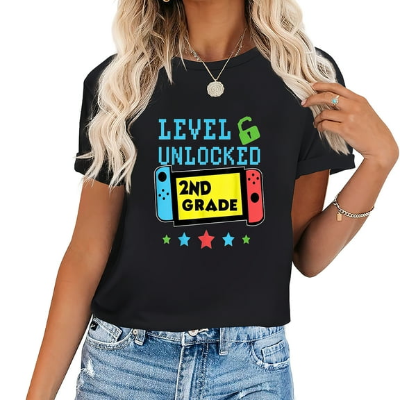 2nd Grade Level Unlocked Gamer First Day Of School Stylish Women's Short Sleeve Shirt, Printed Graphic Top for Any Occasion