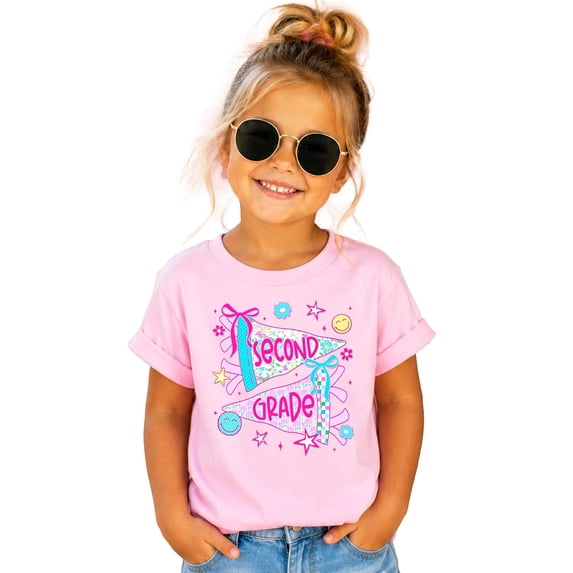 2nd Grade Shirt for Girls Cute Floral Pennant Flag Back to School Second Grade Graphic Tee Pink Shirt 5-6