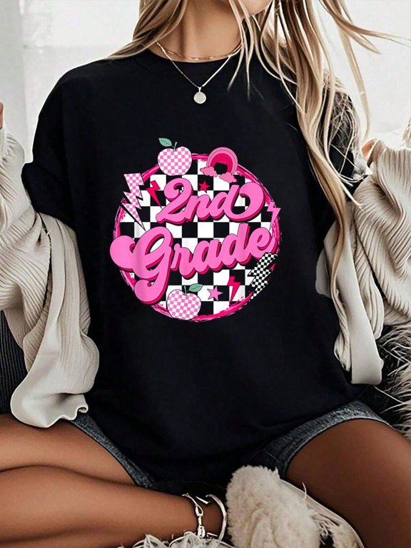 2nd Grade Teacher Women Retro Checkered First Day Of School Printed T-S, Short-Sleeved Crew Neck Casual Top, Suitable For All Seasons, Women's Wear