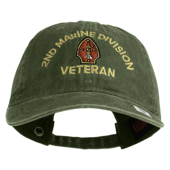2nd Marine Division Veteran Embroidered Washed Solid Pigment Dyed Cotton Twill Brass Buckle Cap - Olive OSFM