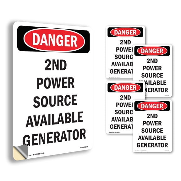 2nd Power Source Available Generator OSHA Danger Vinyl Decal Label 5 Inch x 3.5 Inch - 5 Pack