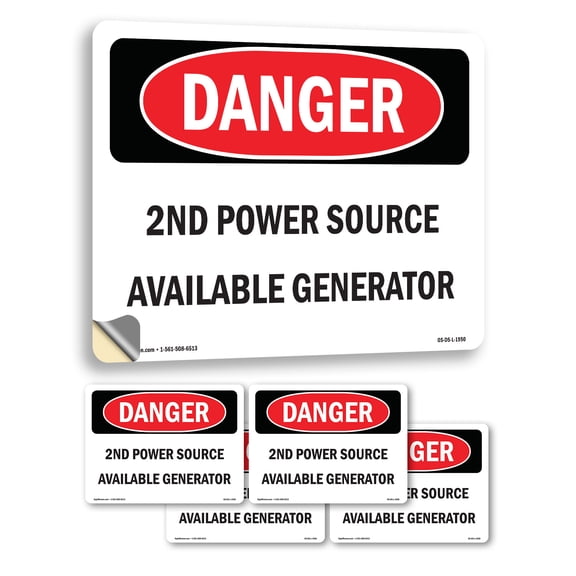 2nd Power Source Available Generator OSHA Danger Vinyl Decal Label 5 Inch x 3.5 Inch - 5 Pack