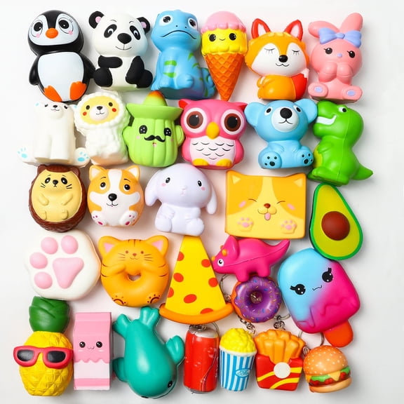 2ooya Random 30Pcs Soft Squeeze Toys for Party Favors, Panda Penguin Bird Ice Cream Pendant