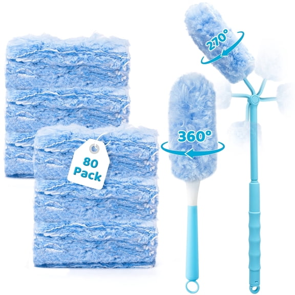 2ooya 360 Feather Duster for Home Supplies, Soft Duster Handle Set for Cleaning Blinds Furniture Cars, Blue and Purple