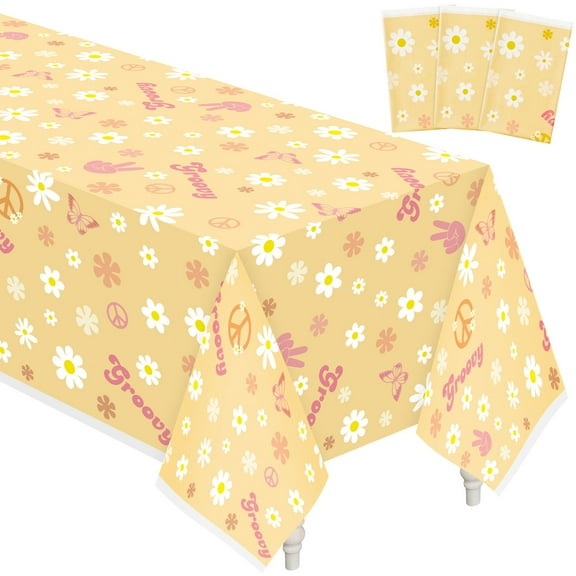 2ooya Daisy Floral Disposable Waterproof Tablecloths, 3 Pcs Rectangle Covers for Groovy Girl Party