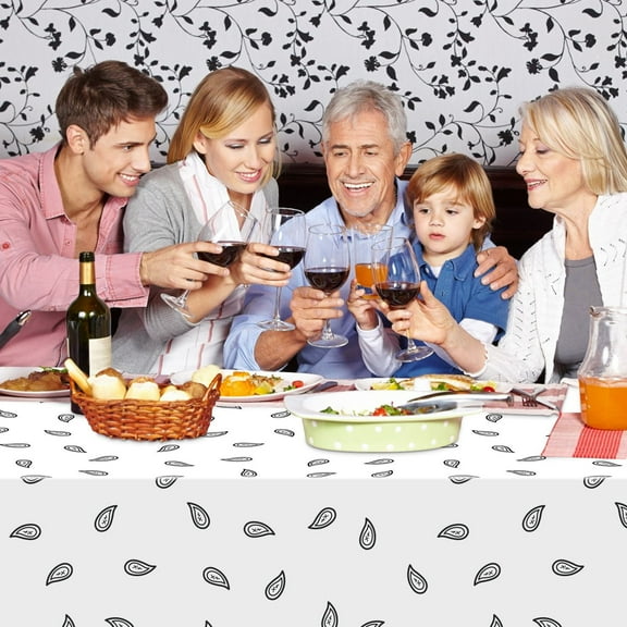 2ooya 3Pcs Paisley Theme White Table Covers Set,Black Line Drawing Cashew Flower Full Printed Tablecloths,Same Pattern Edge Print Rectangle Table Cloths,Activity Waterproof Desktop Decorations